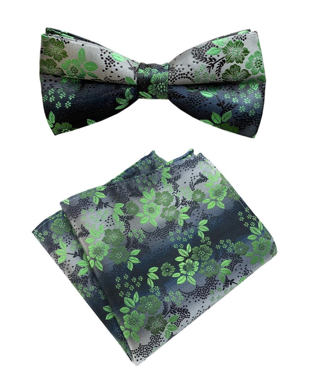 3031 Boys Green Grey Textured Party Silk Bow Tie Pocket Square Set Birthday